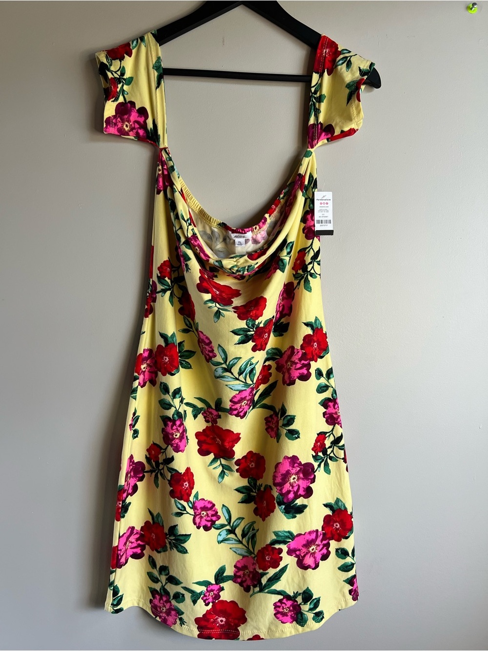 Ardene NWT Floral Sundress Yellow Pink Stretch Mini Dress Cowl Neck XL